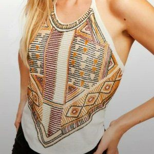 Free People Pride Rock Beaded Cropped Halter Top Cream W/ Brown Beading Size M